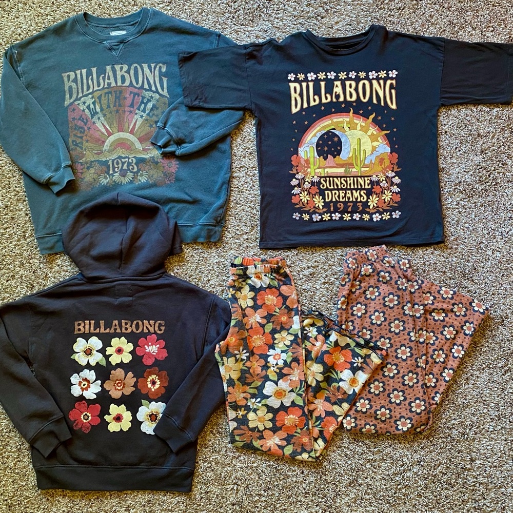Billabong Sunshine Dreams Girl’s Lot Size Small Medium Floral Tee Hoodie Pants